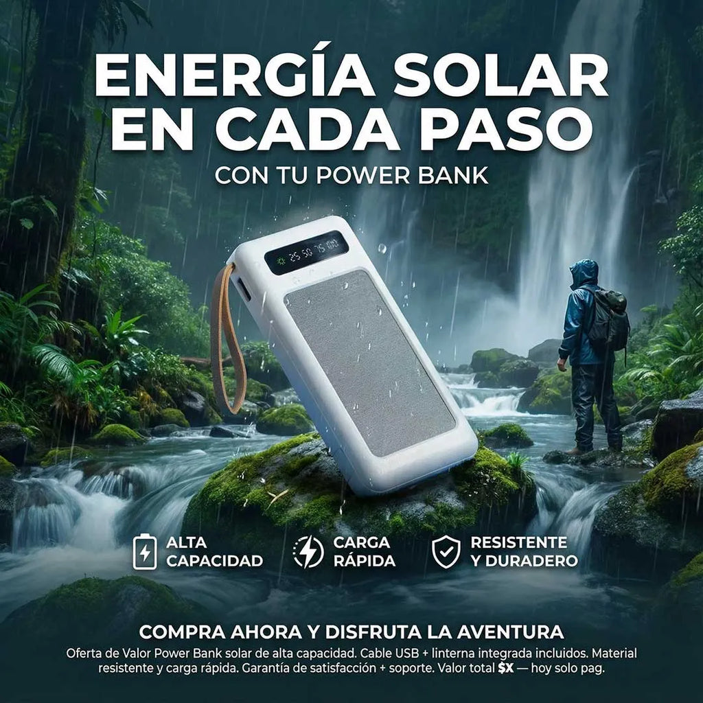 Cargador Solar Portátil Dual con Linterna LED – Power Bank para Exterior
