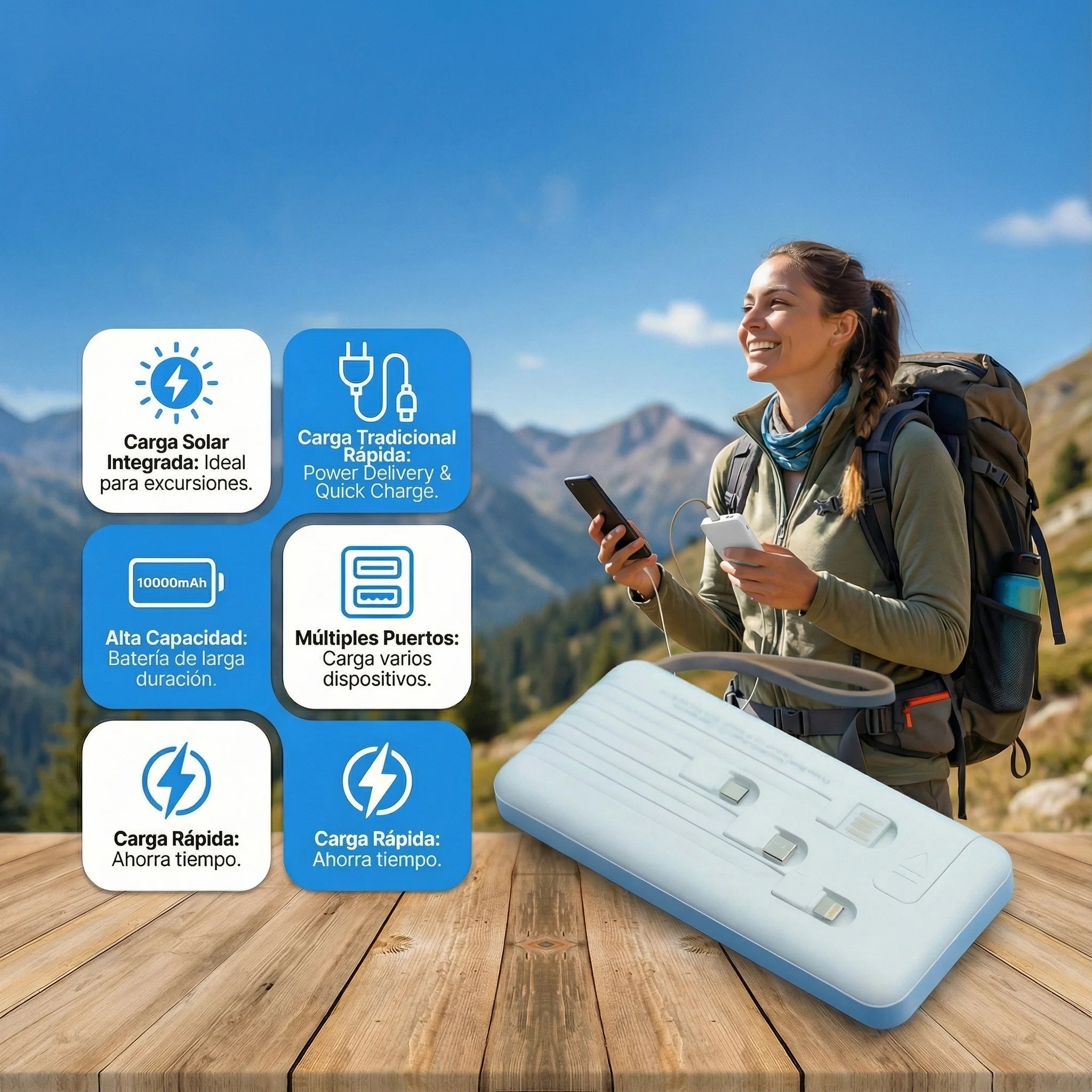 Cargador Solar Portátil Dual con Linterna LED – Power Bank para Exterior